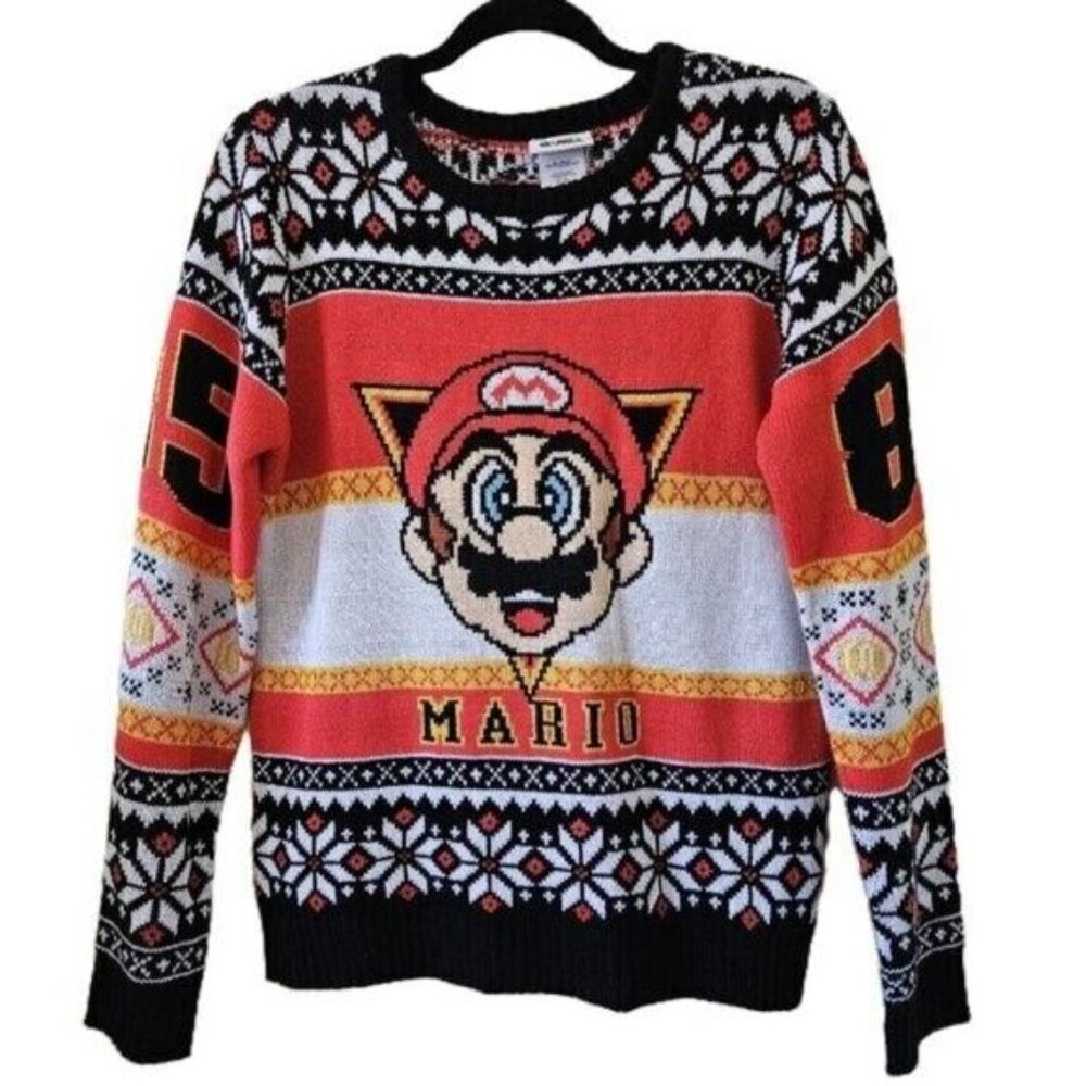 Super Mario Sweater Mens XL Multicolor Crewneck AOP Geo Gamer XMas Colorful LS